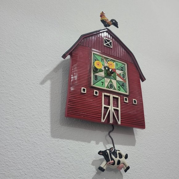 Allen Designs Red Barn Yard Wall Clock Cow Shaped Swinging Pendulum - Picture 15 of 16